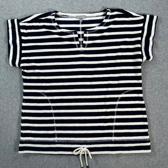 T By Talbots Terrycloth Stripe Shirt Petite Large NavyWhite Short Sleeve Tie - Picture 1 of 8